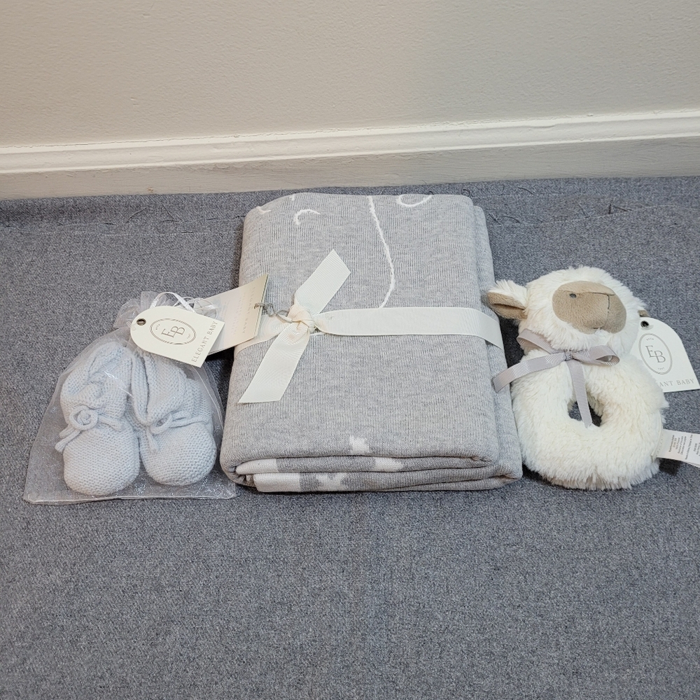 Elegant Baby Blanket and Booties Set Blue New